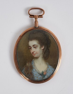 Lot 816 - William P Sherlock (1775/1780-c.1850) watercolour portrait miniature on ivory, a lady, with blue and gold dress, signed and dated 1785, oval, 5.5 x 4.5cm, reeded gold glazed frame with plaited hair...