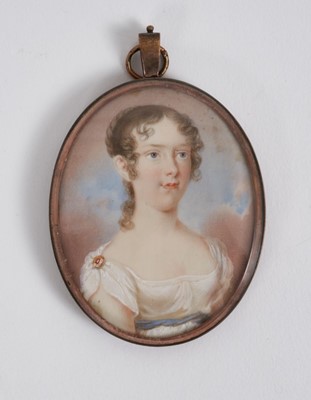 Lot 817 - Continental School, early 20th century, watercolour portrait miniature on ivory, depicting a young lady wearing white dress with blue sash, variously inscribed to reverse, 6.5 x 5cm, glazed frame w...