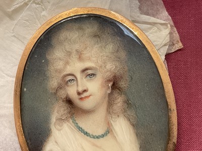 Lot 814 - Ann Mee (1770/75-1851) watercolour miniature portrait on ivory, Hon. Louisa Verney (1769-1835), apparently unsigned, oval, 7 x 5.1cm, glazed gilt frame with woven hair to rear, housed in rectangula...