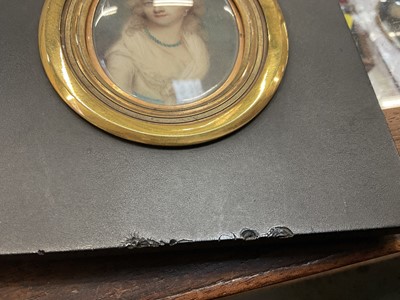 Lot 814 - Ann Mee (1770/75-1851) watercolour miniature portrait on ivory, Hon. Louisa Verney (1769-1835), apparently unsigned, oval, 7 x 5.1cm, glazed gilt frame with woven hair to rear, housed in rectangula...