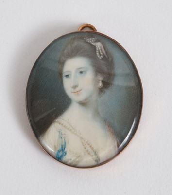 Lot 823 - Samuel Cotes (1734-1818) watercolour portrait on ivory, a lady wearing pearls and white dress, apparently unsigned, oval, 3.8 x 3.1cm, glazed gilt frame