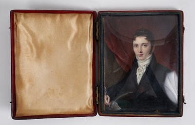 Lot 828 - English School, early 19th century, watercolour portrait on ivory, a gentleman named verso as 'John Alexander Ireland, late of 22 Half Moon St. Piccadilly who died 1823, aged 42' depicted seated in...