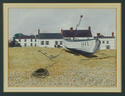 Lot 845 - Duncan Morris Oppenheim (1904-2003) watercolour - Fishing boats, Aldeburgh, signed and dated, titled to exhibition label verso, 27cm x 37cm in glazed frame.