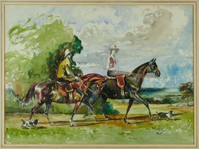 Lot 1186 - After Sir Alfred Munnings (1878-1959) watercolour - The Two Dianas, titled, bearing signature, 54cm x 73cm, in glazed frame