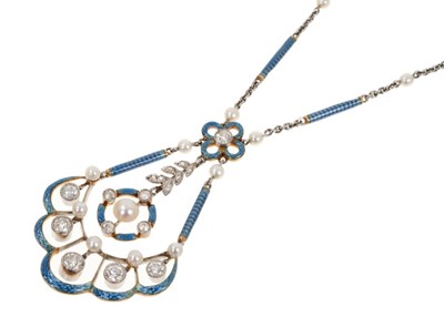 Lot 404 - A fine Edwardian Belle Époque diamond pearl and enamel pendant necklace
