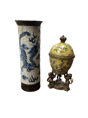 Lot 18 - 19th century Chinese crackle glazed sleeve vase and Chinese-style yellow ceramic egg on ormolu base