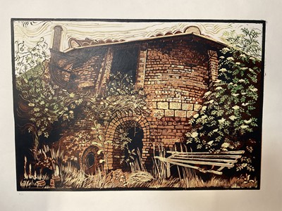 Lot 243 - English School, colour linocut, industrial landscape