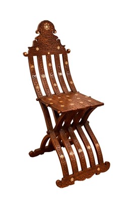 Lot 1408 - Good quality 19th century Islamic teak and mother of pearl inlaid folding chair