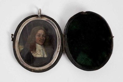 Lot 820 - Gaspar Smits (1635-1707), oil on copper, miniature portrait of a gentleman with detailed lace collar, oval, 4.6 x 3.6cm, glazed frame with folding shagreen case
