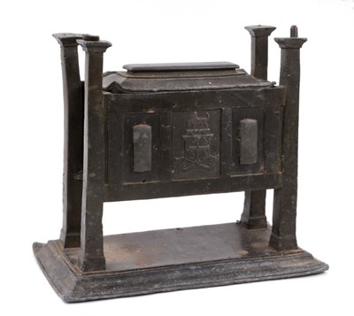 Lot 721 - Highly unusual Arts and crafts lead casket and cover, with armorial and motto Sub Cruce Salus (under the cross), the obverse with armorial and motto Honor God