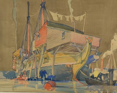 Lot 1150 - Patrick Jobson (1919-2007) watercolour - Galleon and Houseboat, signed and dated ‘38, 39cm x 50cm in glazed frame