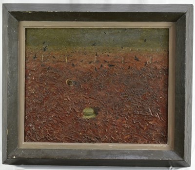 Lot 1254 - Geoffrey Norman Burnand (1912-1997) oil on canvas - Battlefield with crows, signed and dated ‘45 verso, 39.5cm x 49.5cm, in original frame