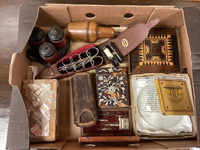 Lot 80 - Inlaid card case, Tonbridge mosaic game, sewing scissors etc