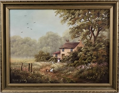 Lot 189 - Terence Grundy (b.1956), oil on canvas country cottage in gilt frame