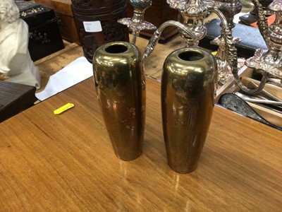 Lot 124 - A pair of Japanese mixed metal vases decorated with cockerels, marks to bases