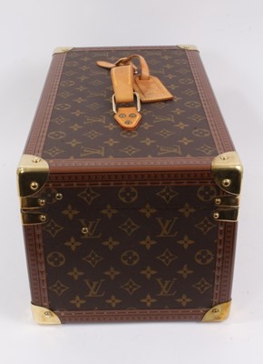 Lot 2089 - Louis Vuitton vanity case with fitted interior, signature monogrammed and brass fittings, together with a Louis Vuitton purse and Louis Vuitton key fob with two keys, label numbered 1029952, lock a...