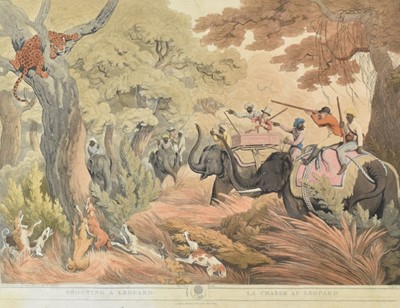 Lot 1024 - After Samuel Howit, pair of antique aquatints - Shooting a Leopard and The Dead Tiger, published by Edward Orme, 42cm x 54cm, in glazed frames