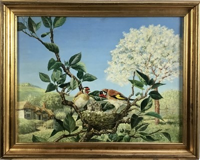 Lot 210 - Continental School, 20th century, acrylic on canvas - Goldfinch Family, 42cm x 55cm, in gilt frame