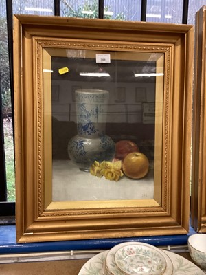 Lot 281 - Janie J Elder (late 19th century), oil on canvas, still life, signed with initials, together with a landscape by the same hand, both in gilt frames