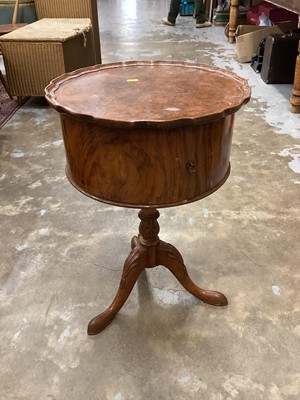Lot 1041 - Burr walnut veneered occasional table with pie crust top and door below on turned and carved column and three splayed legs, 42cm diameter, 61cm high