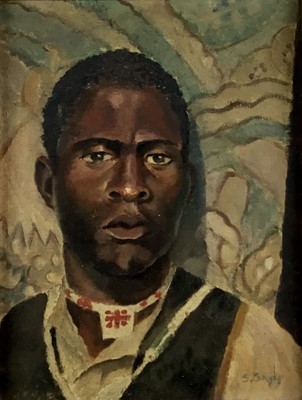 Lot 138 - African School, circa 1930s, oil on canvas - portrait of a young man, indistinctly signed