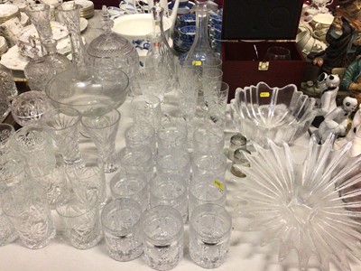 Lot 307 - Group of glassware including Dartington dish, decanters, spill vases, perfume bottle and various drinking glasses