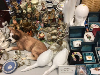 Lot 310 - Group of figure and animal ormanets, two Wedgwood Jasper ware pin dishes, Royal Worcester trinket boxes and other decorative ceramics