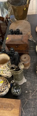 Lot 186 - Oak tea caddy, brass coal bucket, two pairs of binoculars, bellows and sundries