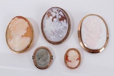 Lot 501 - Five cameo brooches to include a lava cameo in gold and diamond set mount, and three gold mounted Italian carved shell cameos (5)
