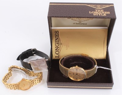 Lot 861 - Longines gold plated quartz wristwatch in box, together with a Berkeley wristwatch and Zenith Concerto wristwatch (3)