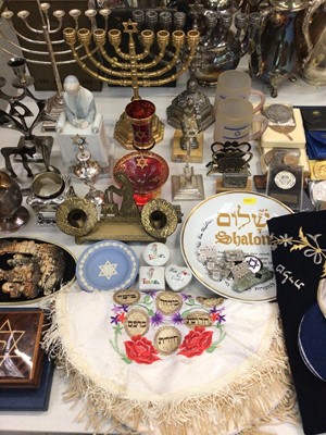 Lot 317 - Collection of Judaica including menorah candelabrum, ceramics, glassware, medallions and other related items