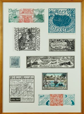 Lot 1127 - *Richard Bawden (b.1936) collection of eight Christmas card prints and a 1988 Private View invitation, mounted together in glazed frame