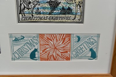 Lot 1127 - *Richard Bawden (b.1936) collection of eight Christmas card prints and a 1988 Private View invitation, mounted together in glazed frame
