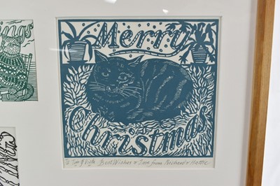 Lot 1127 - *Richard Bawden (b.1936) collection of eight Christmas card prints and a 1988 Private View invitation, mounted together in glazed frame