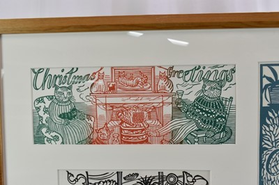 Lot 1127 - *Richard Bawden (b.1936) collection of eight Christmas card prints and a 1988 Private View invitation, mounted together in glazed frame