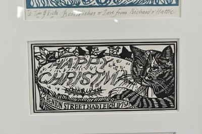Lot 1127 - *Richard Bawden (b.1936) collection of eight Christmas card prints and a 1988 Private View invitation, mounted together in glazed frame