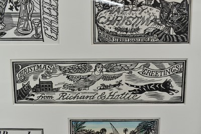 Lot 1127 - *Richard Bawden (b.1936) collection of eight Christmas card prints and a 1988 Private View invitation, mounted together in glazed frame