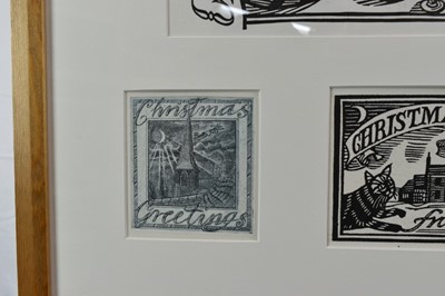 Lot 1127 - *Richard Bawden (b.1936) collection of eight Christmas card prints and a 1988 Private View invitation, mounted together in glazed frame