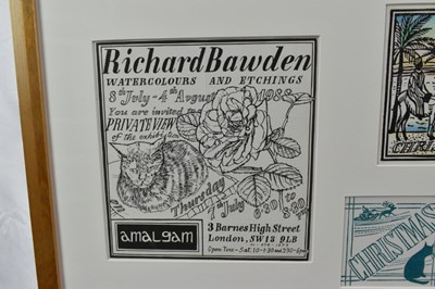 Lot 1127 - *Richard Bawden (b.1936) collection of eight Christmas card prints and a 1988 Private View invitation, mounted together in glazed frame
