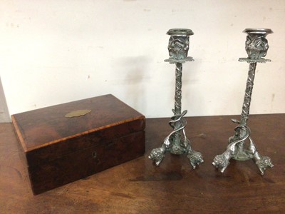 Lot 344 - Pair of unusual chrome plated candlesticks with lion, snake and ram's head decoration, together with an antique yew wood jewellery box