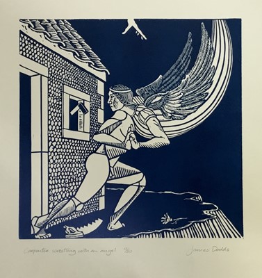 Lot 181 - James Dodds (b.1957) signed limited edition linocut, Carpenter Wrestling with an Angel, 11/50, 48cm x 38cm, unframed