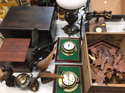 Lot 314 - Two wooden work boxes, wooden crates, cuckoo clock, desk globe, electric oil lamp, ornaments and other items