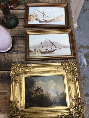 Lot 32 - 18th/19th century Dutch oil on panel in gilt frame, together with a pair of 19th century marine watercolours (3)
