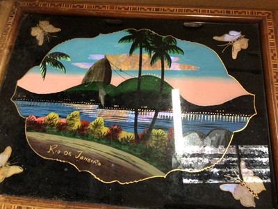 Lot 37 - A butterfly wing tray decorated with a scene of Rio de Janeiro, a Japanese Kutani tea set, and other items