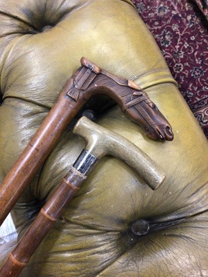 Lot 43 - A walking stick carved with a horse's head, and another with white metal collar
