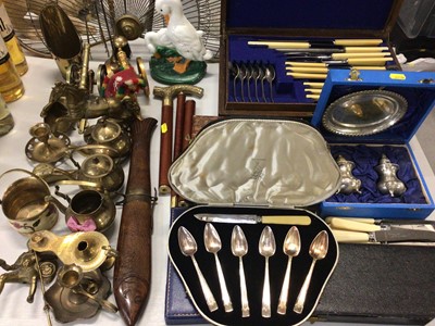 Lot 330 - Canteen of plated cutlery, boxed flatware, trench art small coal scuttle, fan shaped fire guard, other brass and metal ware