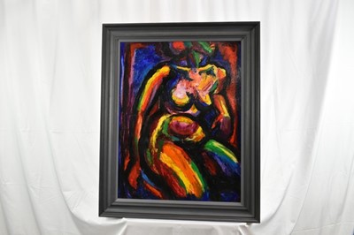 Lot 1159 - *Colin Moss (1914-2005) oil on board - Seated Nude Torso, signed and dated '90, 75cm x 57cm, in painted frame