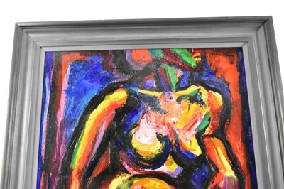 Lot 1159 - *Colin Moss (1914-2005) oil on board - Seated Nude Torso, signed and dated '90, 75cm x 57cm, in painted frame