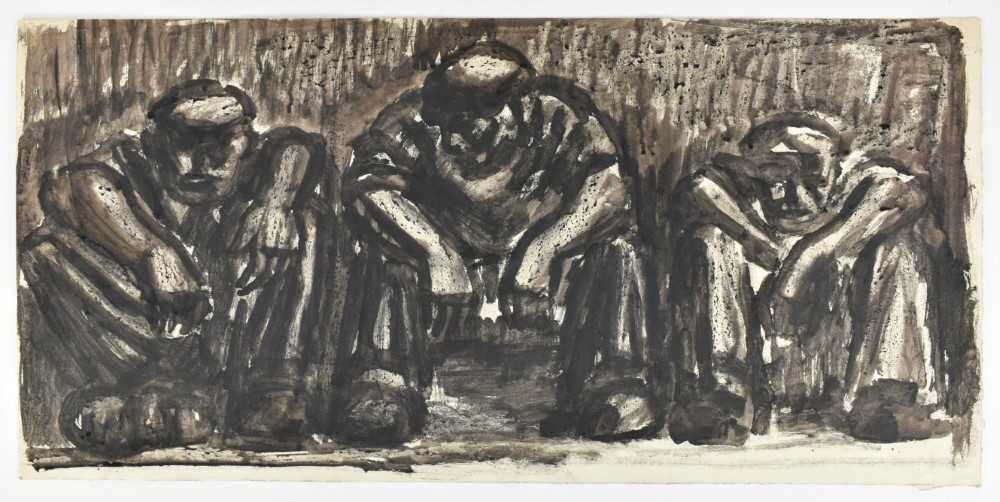 Lot 1164 - *Colin Moss (1914-2005) watercolour on paper - Three seated workmen, studio stamp verso, 34cm x 71.5cm, unframed