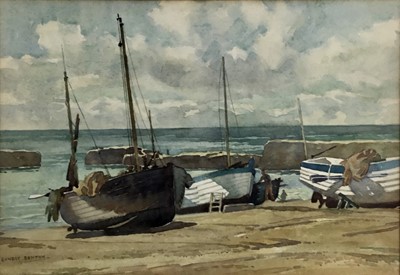 Lot 46 - Ernest Denton watercolour study of beached boats, signed, in glazed frame 44cm x 54.5cm overall